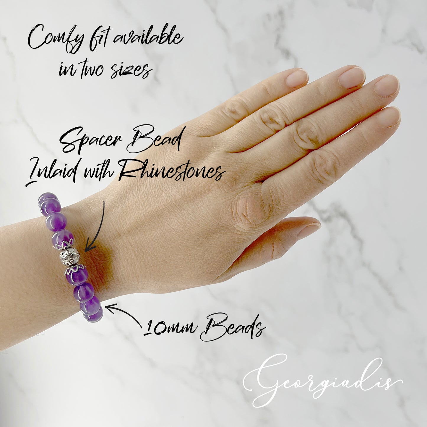 10mm Amethyst Natural Genuine Gemstone with Stunning Spacer Bead Inlaid with Rhinestones, Calming, Promotes Spiritual Awareness, Colour Therapy Purple