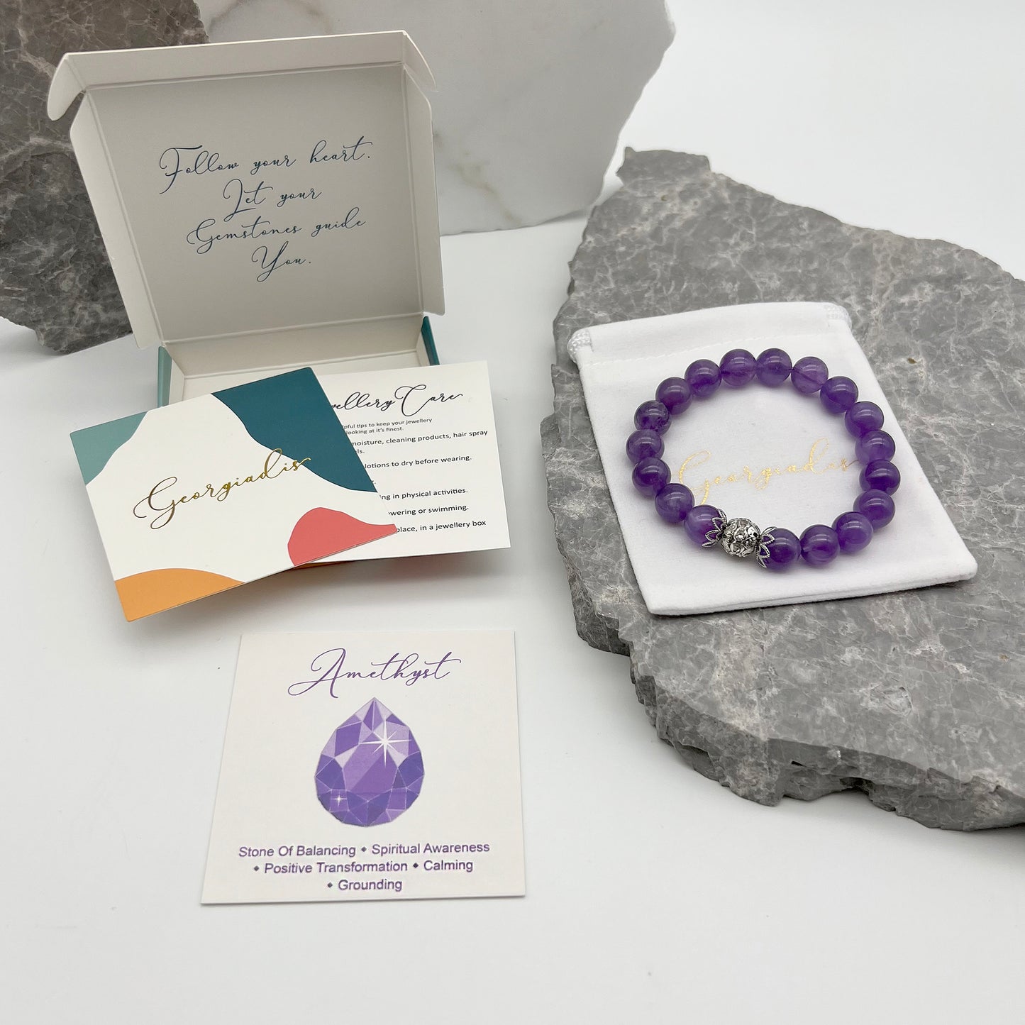 10mm Amethyst Natural Genuine Gemstone with Stunning Spacer Bead Inlaid with Rhinestones, Calming, Promotes Spiritual Awareness, Colour Therapy Purple