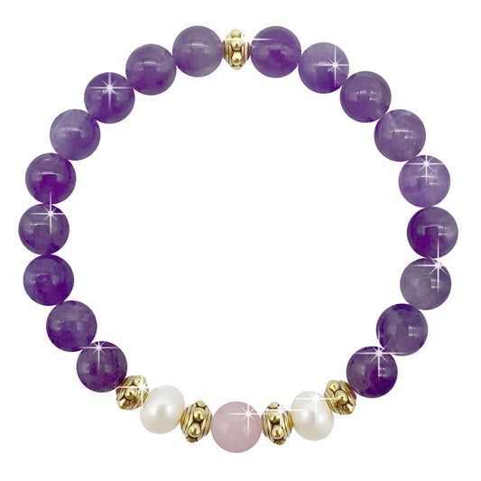 Beautiful Real Freshwater Pearls, Amethyst and Rose Quartz Bracelet, featuring Grade A, High Luster Pearls and Stunning Gemstones, Healing.