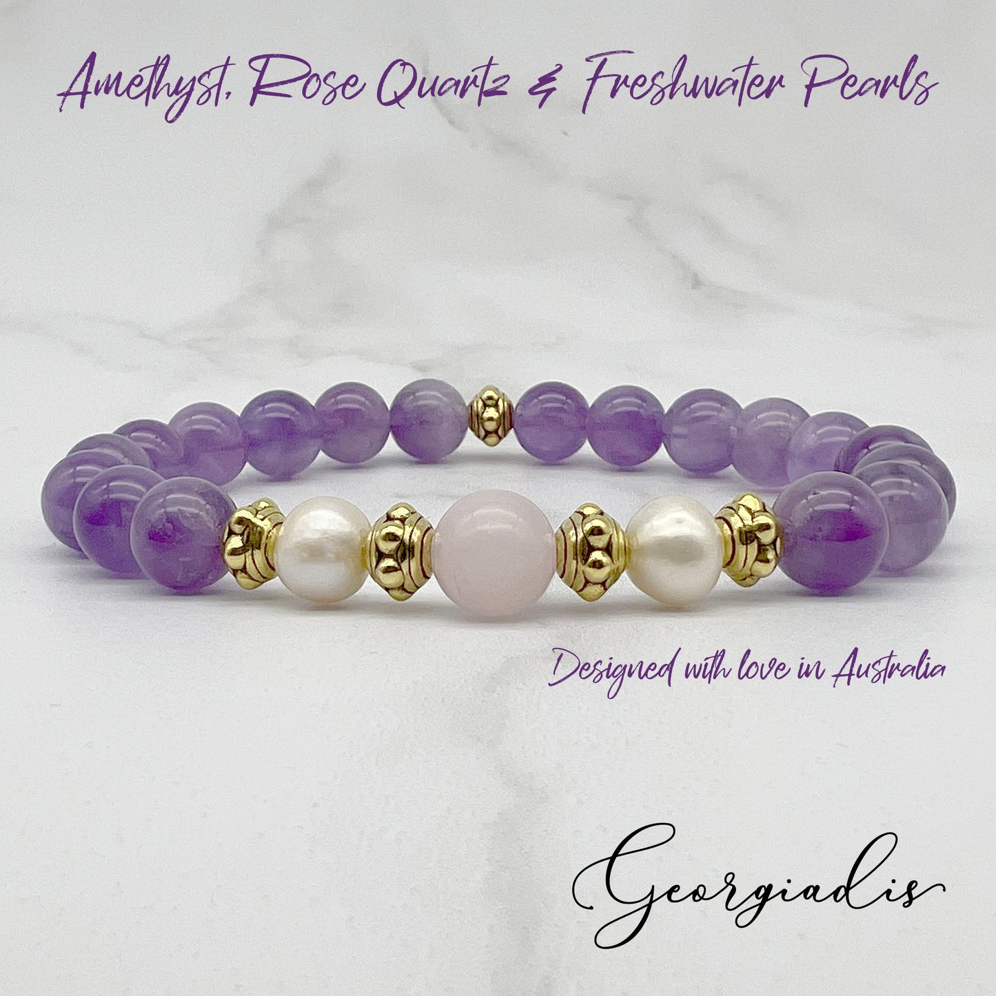 Beautiful Real Freshwater Pearls, Amethyst and Rose Quartz Bracelet, featuring Grade A, High Luster Pearls and Stunning Gemstones, Healing.