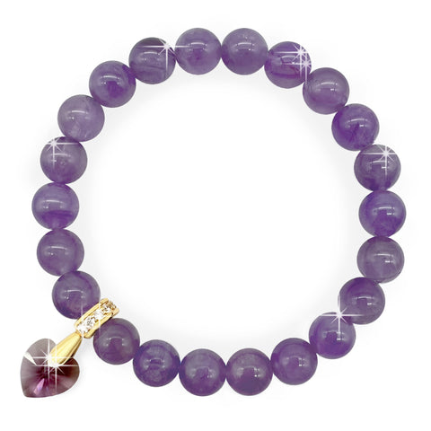 Stunning 8mm Amethyst Gemstone Bracelet with Austrian Crystal Heart Charm and Real 18k Gold Plated Bail, Calming, Promotes Spiritual Awareness.