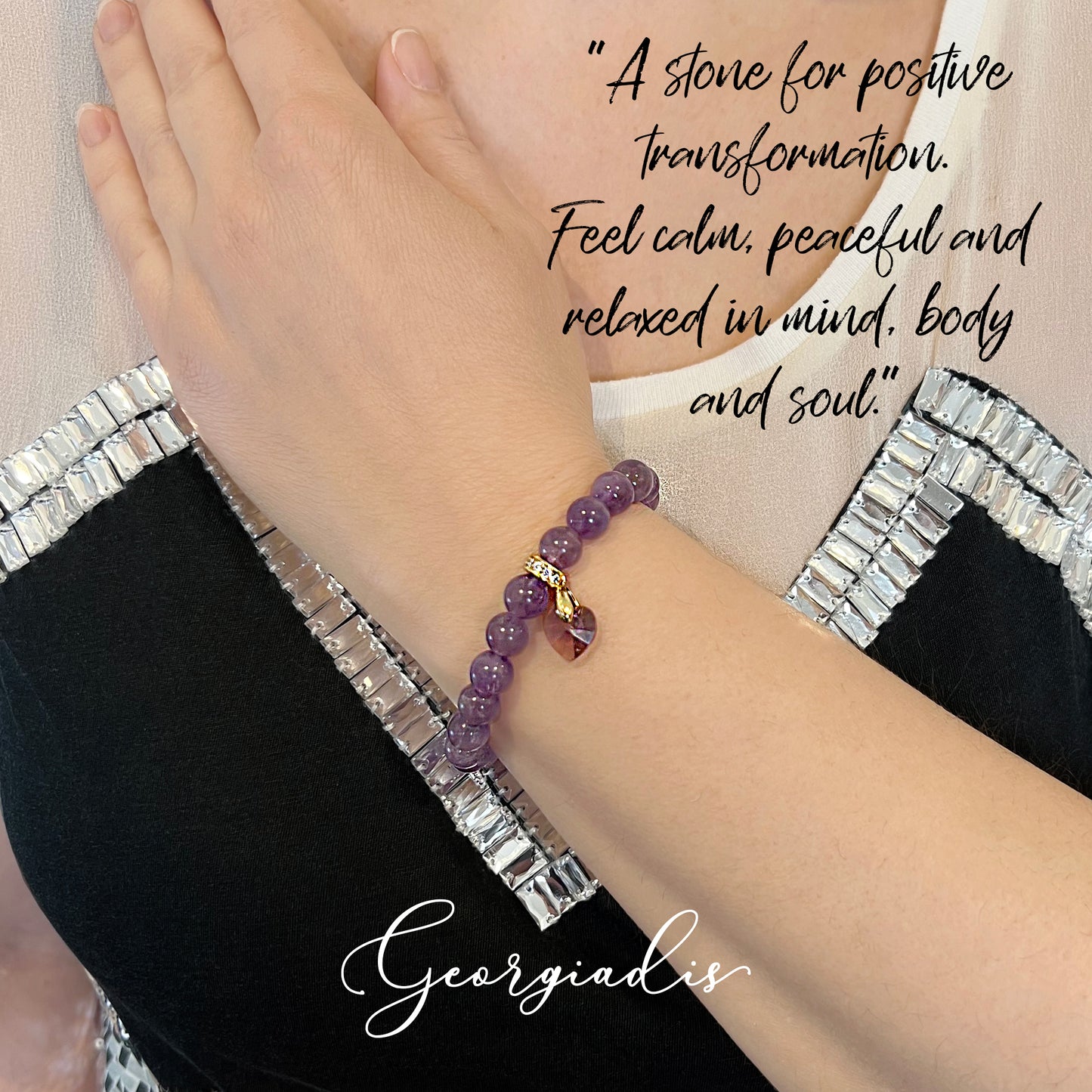 Stunning 8mm Amethyst Gemstone Bracelet with Austrian Crystal Heart Charm and Real 18k Gold Plated Bail, Calming, Promotes Spiritual Awareness.