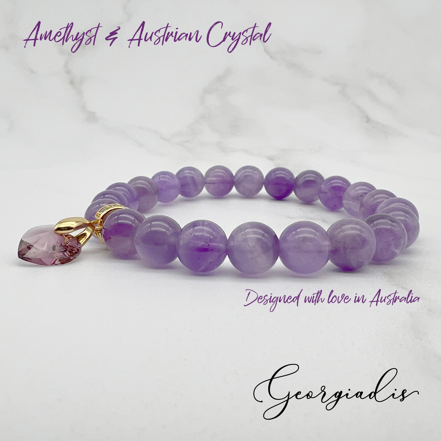 Stunning 8mm Amethyst Gemstone Bracelet with Austrian Crystal Heart Charm and Real 18k Gold Plated Bail, Calming, Promotes Spiritual Awareness.