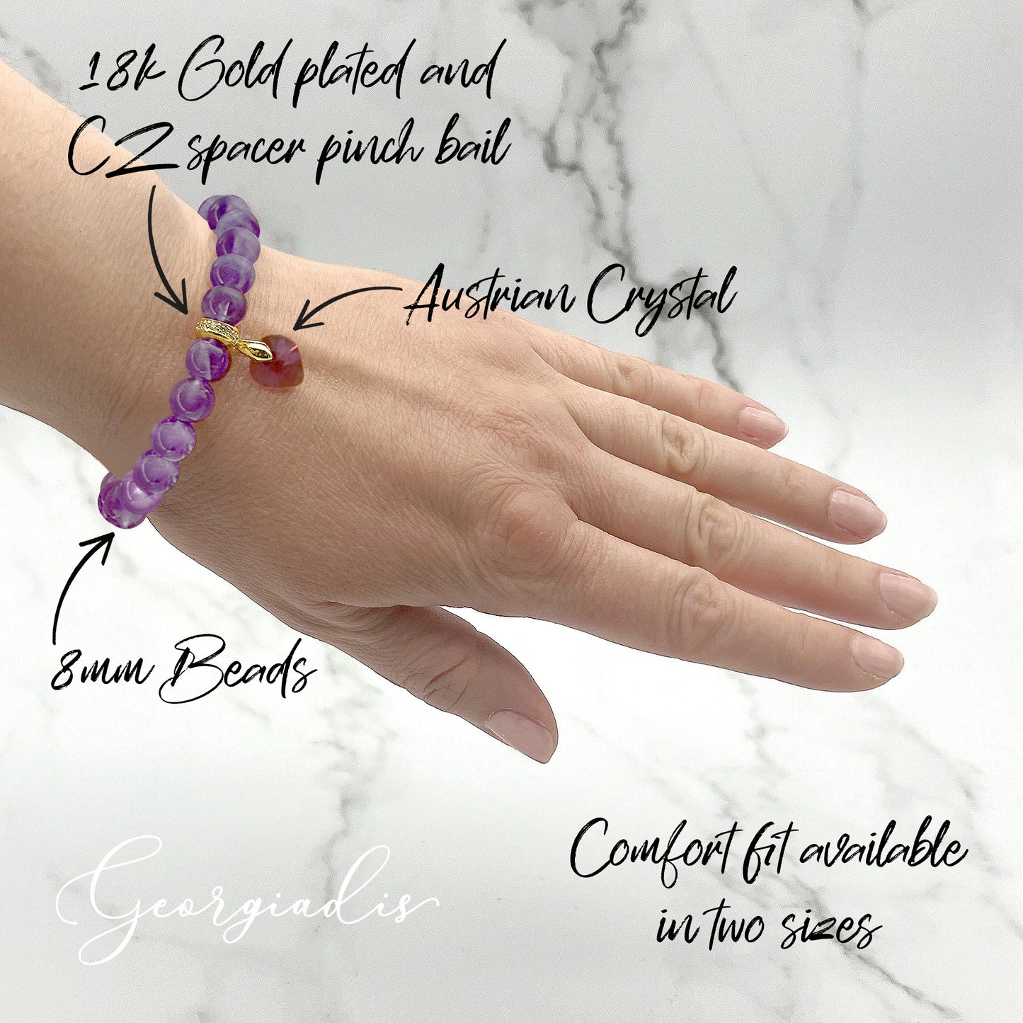 Stunning 8mm Amethyst Gemstone Bracelet with Austrian Crystal Heart Charm and Real 18k Gold Plated Bail, Calming, Promotes Spiritual Awareness.
