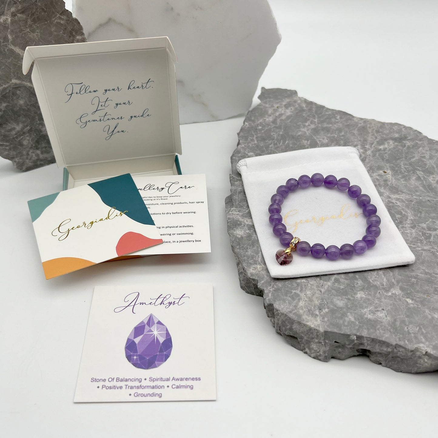 Stunning 8mm Amethyst Gemstone Bracelet with Austrian Crystal Heart Charm and Real 18k Gold Plated Bail, Calming, Promotes Spiritual Awareness.