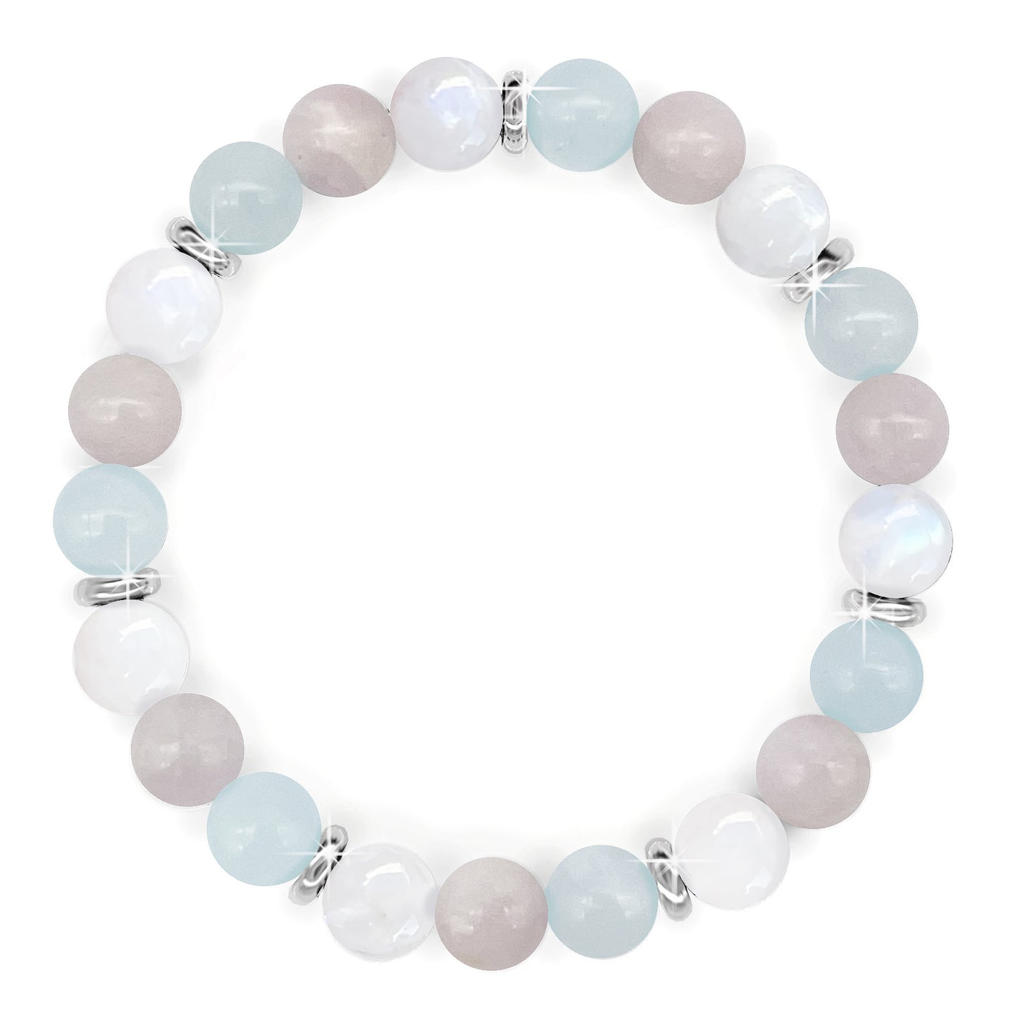 Beautiful Bracelet, 8mm Aquamarine, Kunzite and Moonstone Gemstones with Real Platinum Plating, Crystal Healing Gems, Calming, Love, Abundance, Gift