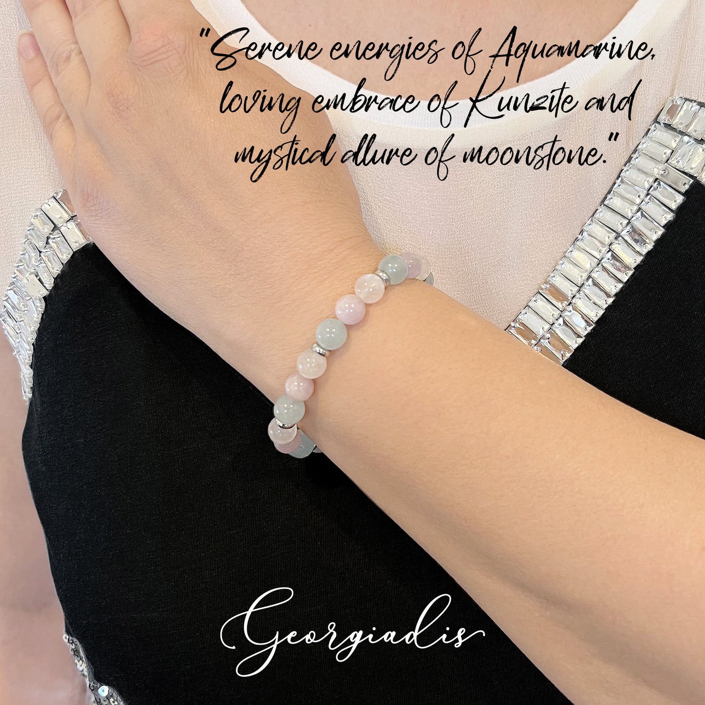 Beautiful Bracelet, 8mm Aquamarine, Kunzite and Moonstone Gemstones with Real Platinum Plating, Crystal Healing Gems, Calming, Love, Abundance, Gift