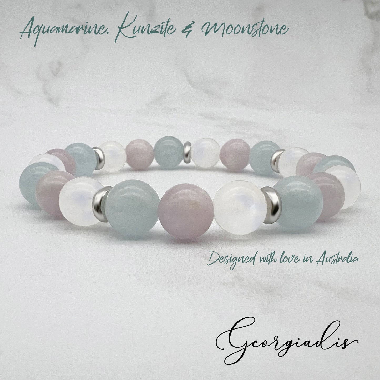 Beautiful Bracelet, 8mm Aquamarine, Kunzite and Moonstone Gemstones with Real Platinum Plating, Crystal Healing Gems, Calming, Love, Abundance, Gift