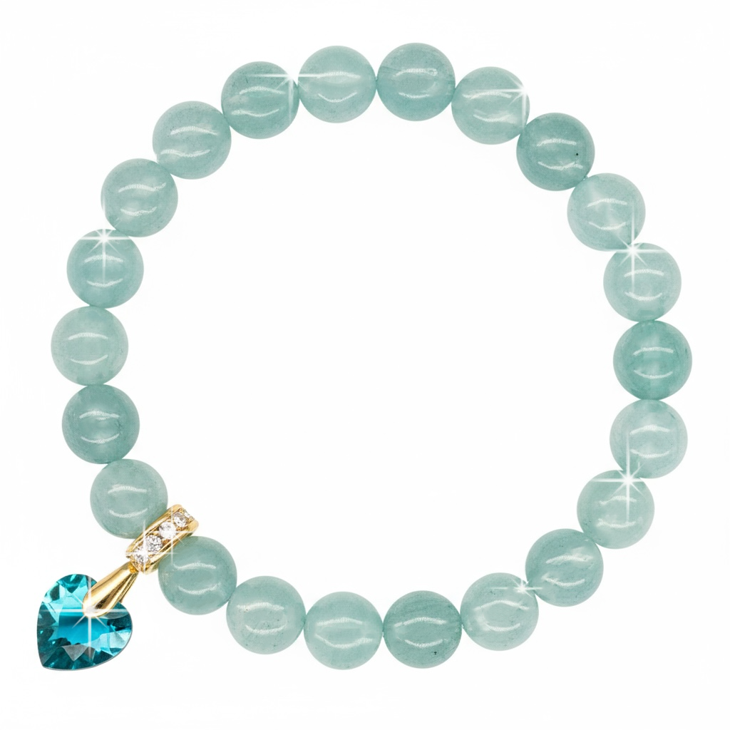 8mm Aquamarine Bracelet for Women with Austrian Crystal Heart Charm, 18K Gold Plated, Healing Stone for Calm & Clarity, March Birthstone, Gift, Bracelet For Women