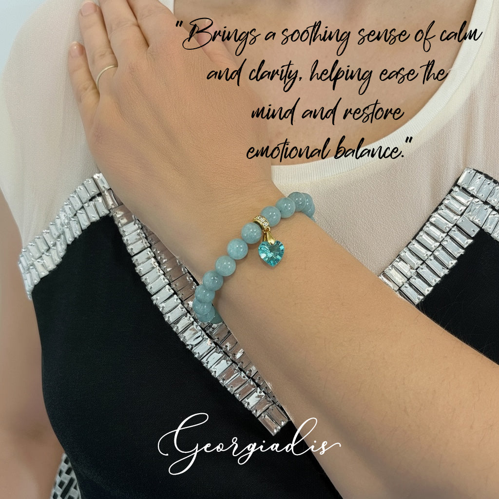 8mm Aquamarine Bracelet for Women with Austrian Crystal Heart Charm, 18K Gold Plated, Healing Stone for Calm & Clarity, March Birthstone, Gift, Bracelet For Women