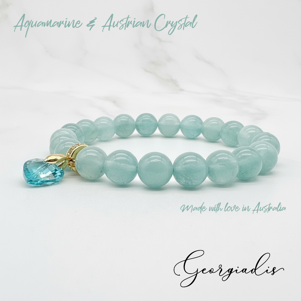 8mm Aquamarine Bracelet for Women with Austrian Crystal Heart Charm, 18K Gold Plated, Healing Stone for Calm & Clarity, March Birthstone, Gift, Bracelet For Women