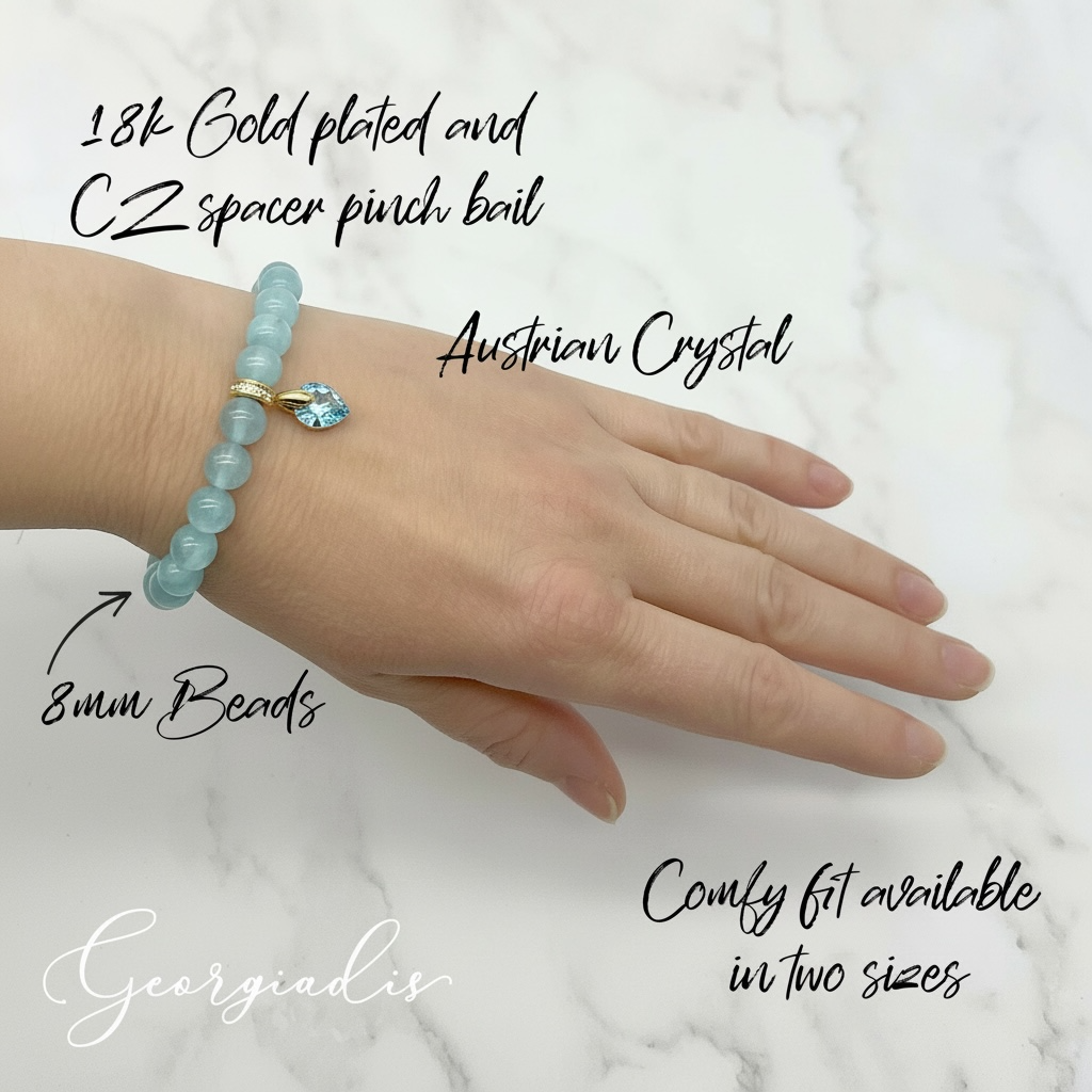 8mm Aquamarine Bracelet for Women with Austrian Crystal Heart Charm, 18K Gold Plated, Healing Stone for Calm & Clarity, March Birthstone, Gift, Bracelet For Women