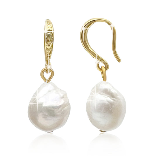 Genuine Baroque Freshwater Pearl Drop Earrings, featuring Grade A, High Lustre White Pearls and 18K Gold Plated, Wealth, Prosperity, Intuition.