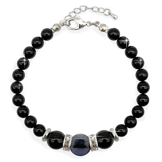 Beautiful Real Black Pearl & Black Agate Gemstone Bracelet, High Luster Grade A Pearl, Platinum Plated with Sparkling Rhinestone Spacers, Strength.