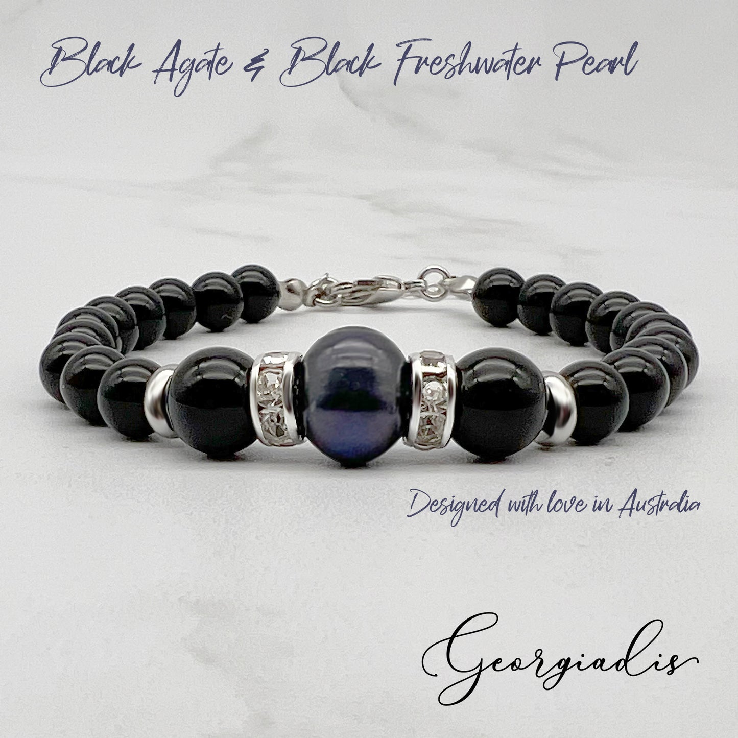 Beautiful Real Black Pearl & Black Agate Gemstone Bracelet, High Luster Grade A Pearl, Platinum Plated with Sparkling Rhinestone Spacers, Strength.
