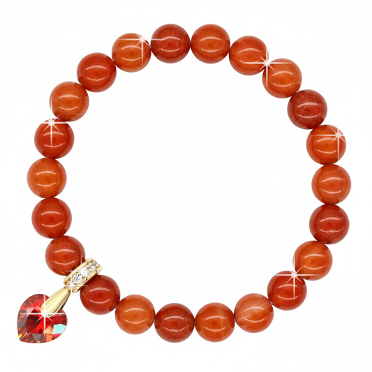 8mm Carnelian Gemstone Bracelet for Women with Austrian Crystal Heart Charm, 18K Gold Plated, Healing Stone for Confidence, Courage & Vitality, July Birthstone, Gift, Bracelet For Women