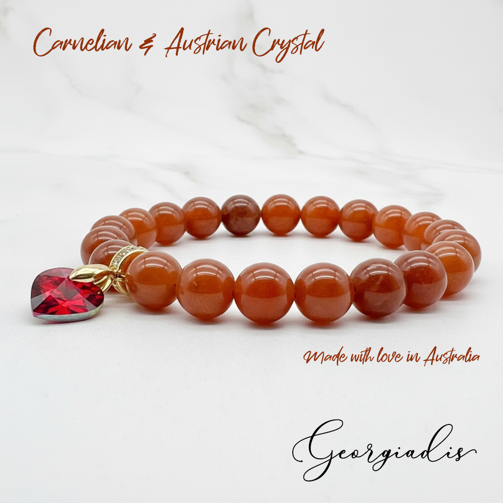 8mm Carnelian Gemstone Bracelet for Women with Austrian Crystal Heart Charm, 18K Gold Plated, Healing Stone for Confidence, Courage & Vitality, July Birthstone, Gift, Bracelet For Women