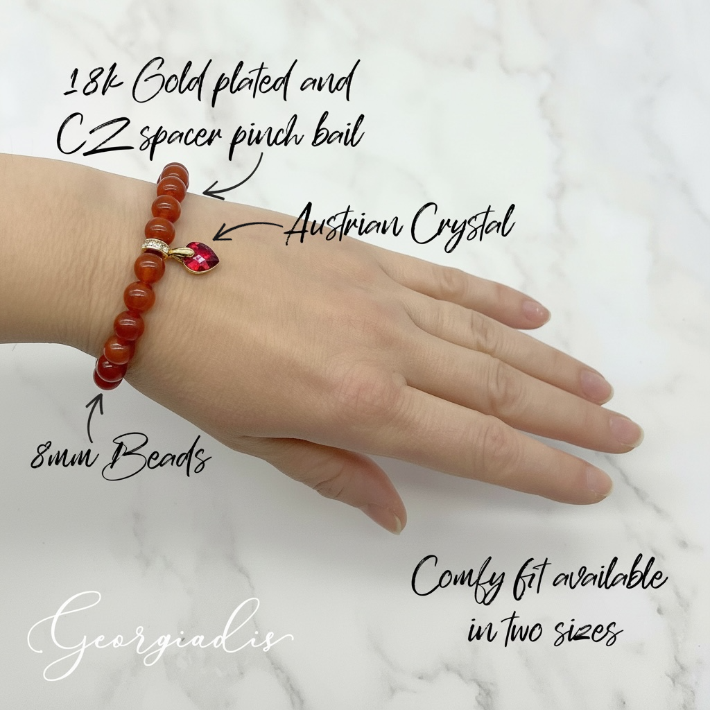 8mm Carnelian Gemstone Bracelet for Women with Austrian Crystal Heart Charm, 18K Gold Plated, Healing Stone for Confidence, Courage & Vitality, July Birthstone, Gift, Bracelet For Women
