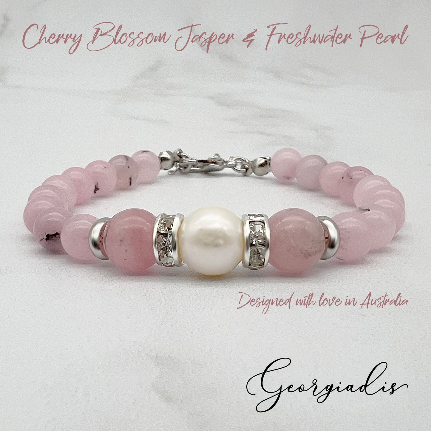 Beautiful Real Pearl & Cherry Blossom Jasper Gemstone Bracelet, High Luster Grade A Pearl, Platinum Plated with Sparkling Rhinestone Spacers.