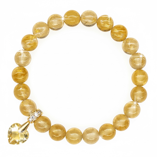 8mm Citrine Gemstone Bracelet for Women with Austrian Crystal Heart Charm, 18K Gold Plated, Healing Stone for Abundance & Positivity, November Birthstone, Gift, Bracelet For Women
