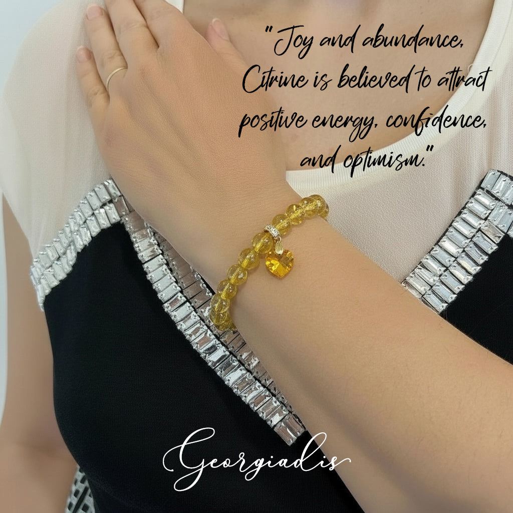 8mm Citrine Gemstone Bracelet for Women with Austrian Crystal Heart Charm, 18K Gold Plated, Healing Stone for Abundance & Positivity, November Birthstone, Gift, Bracelet For Women