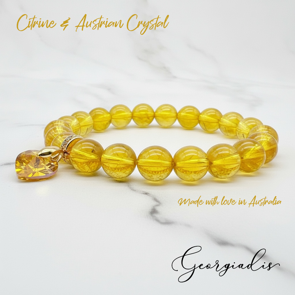 8mm Citrine Gemstone Bracelet for Women with Austrian Crystal Heart Charm, 18K Gold Plated, Healing Stone for Abundance & Positivity, November Birthstone, Gift, Bracelet For Women