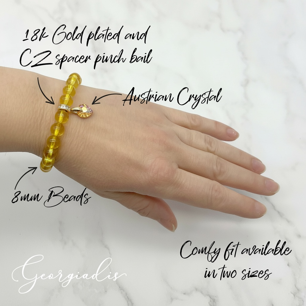 8mm Citrine Gemstone Bracelet for Women with Austrian Crystal Heart Charm, 18K Gold Plated, Healing Stone for Abundance & Positivity, November Birthstone, Gift, Bracelet For Women