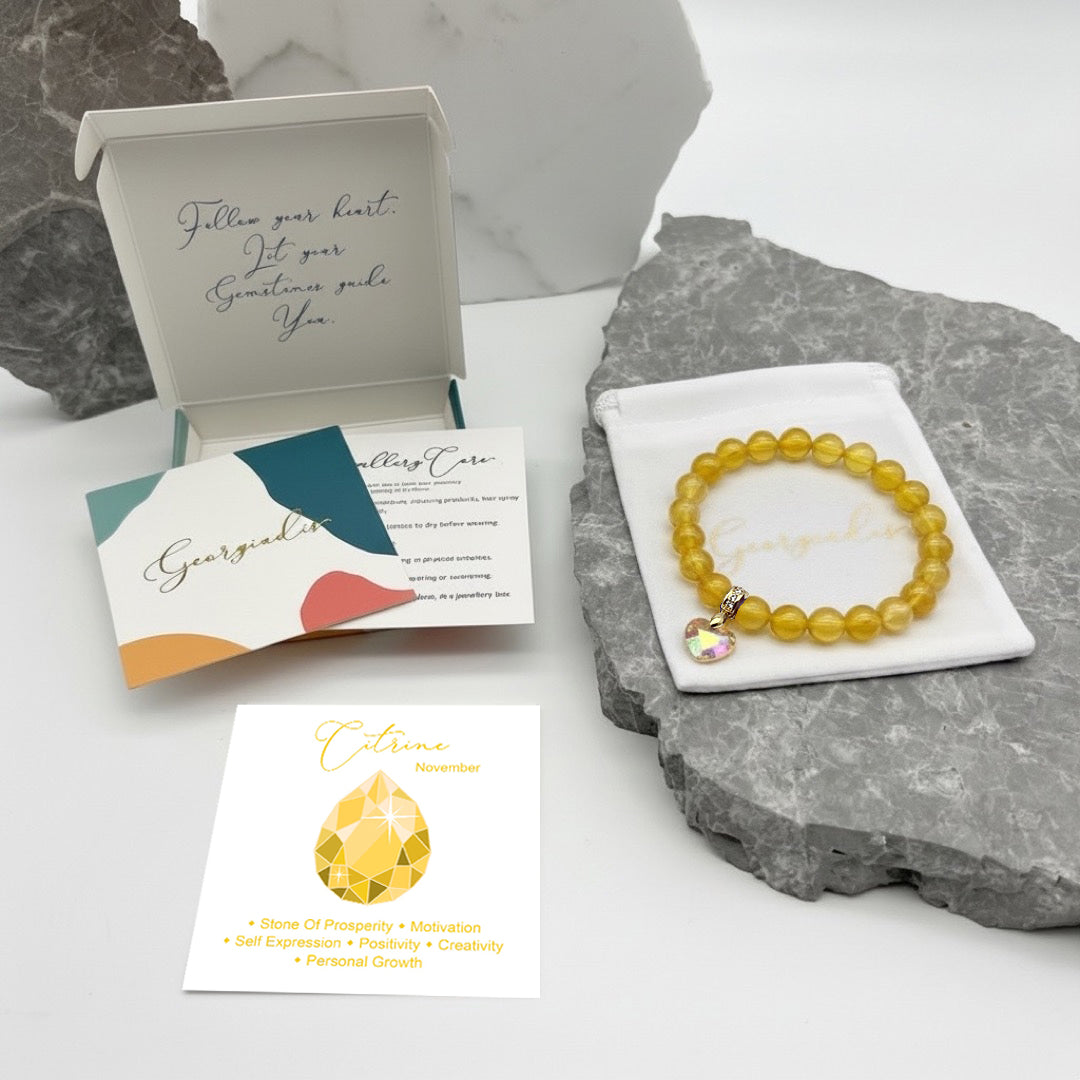 8mm Citrine Gemstone Bracelet for Women with Austrian Crystal Heart Charm, 18K Gold Plated, Healing Stone for Abundance & Positivity, November Birthstone, Gift, Bracelet For Women