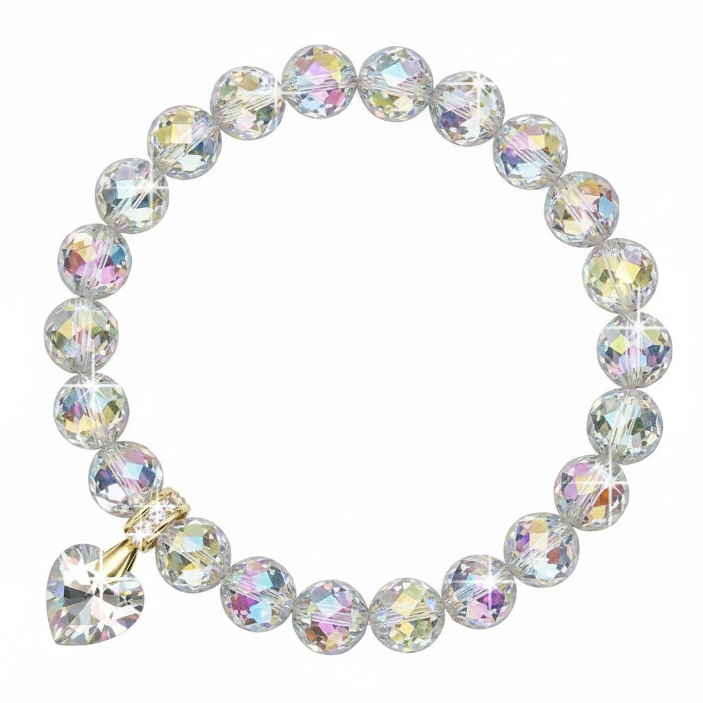 8mm Faceted Crystal Quartz AB Bracelet for Women with Austrian Crystal Heart Charm, 18K Gold Plated, Healing Stone for Clarity & Energy, April Birthstone, Gift, Bracelet for Women