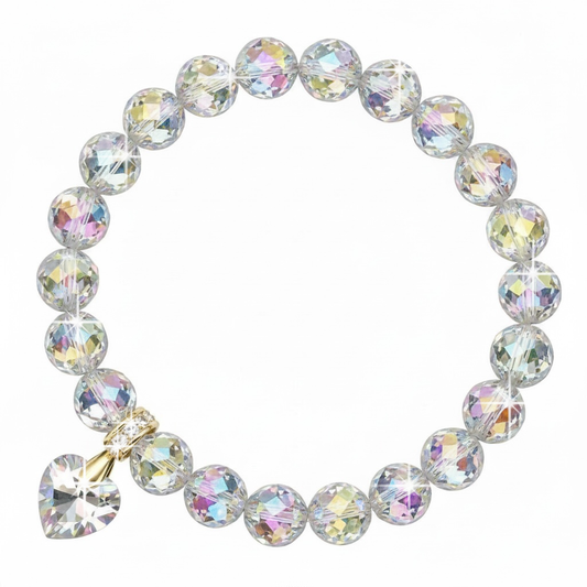 8mm Faceted Crystal Quartz AB Bracelet for Women with Austrian Crystal Heart Charm, 18K Gold Plated, Healing Stone for Clarity & Energy, April Birthstone, Gift, Bracelet for Women