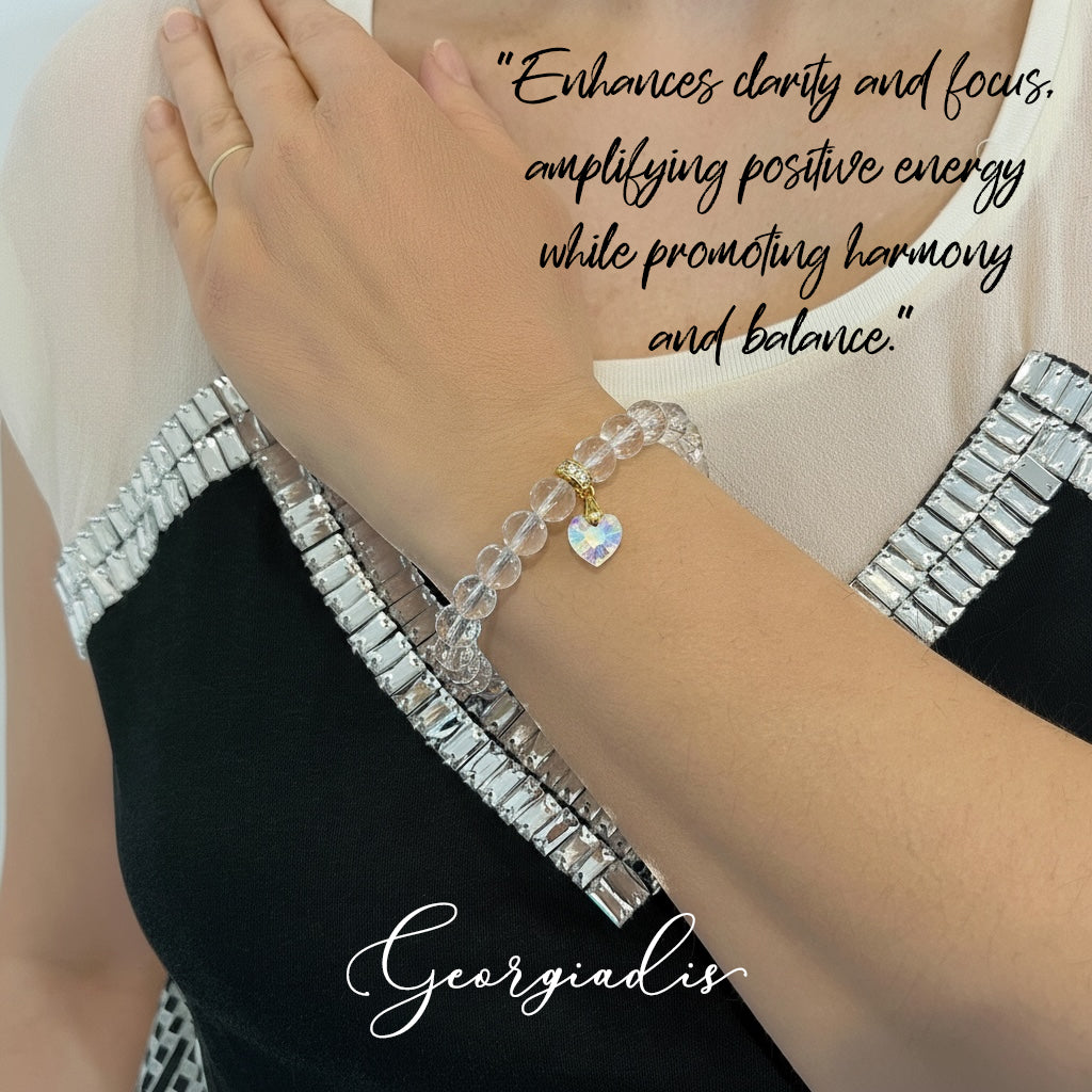 8mm Faceted Crystal Quartz AB Bracelet for Women with Austrian Crystal Heart Charm, 18K Gold Plated, Healing Stone for Clarity & Energy, April Birthstone, Gift, Bracelet for Women