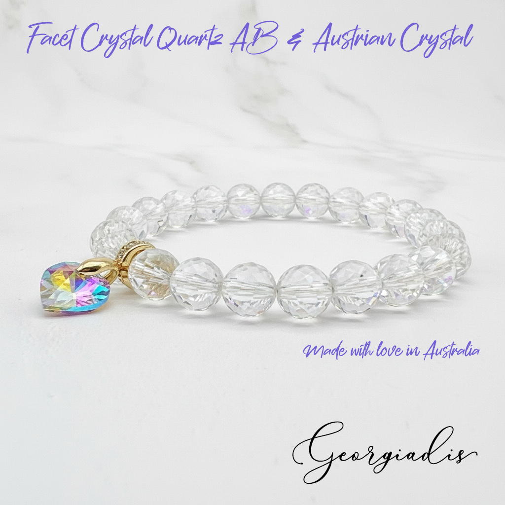 8mm Faceted Crystal Quartz AB Bracelet for Women with Austrian Crystal Heart Charm, 18K Gold Plated, Healing Stone for Clarity & Energy, April Birthstone, Gift, Bracelet for Women