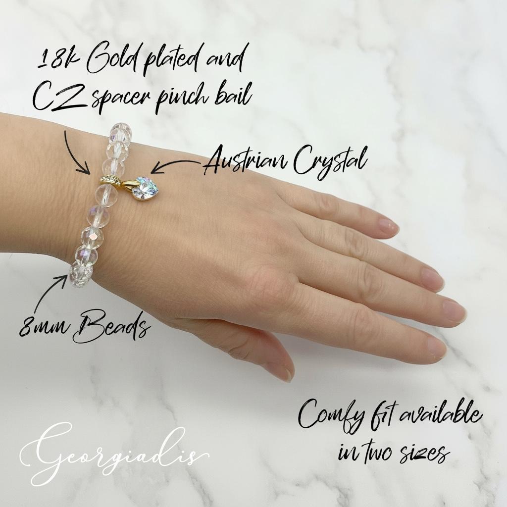 8mm Faceted Crystal Quartz AB Bracelet for Women with Austrian Crystal Heart Charm, 18K Gold Plated, Healing Stone for Clarity & Energy, April Birthstone, Gift, Bracelet for Women