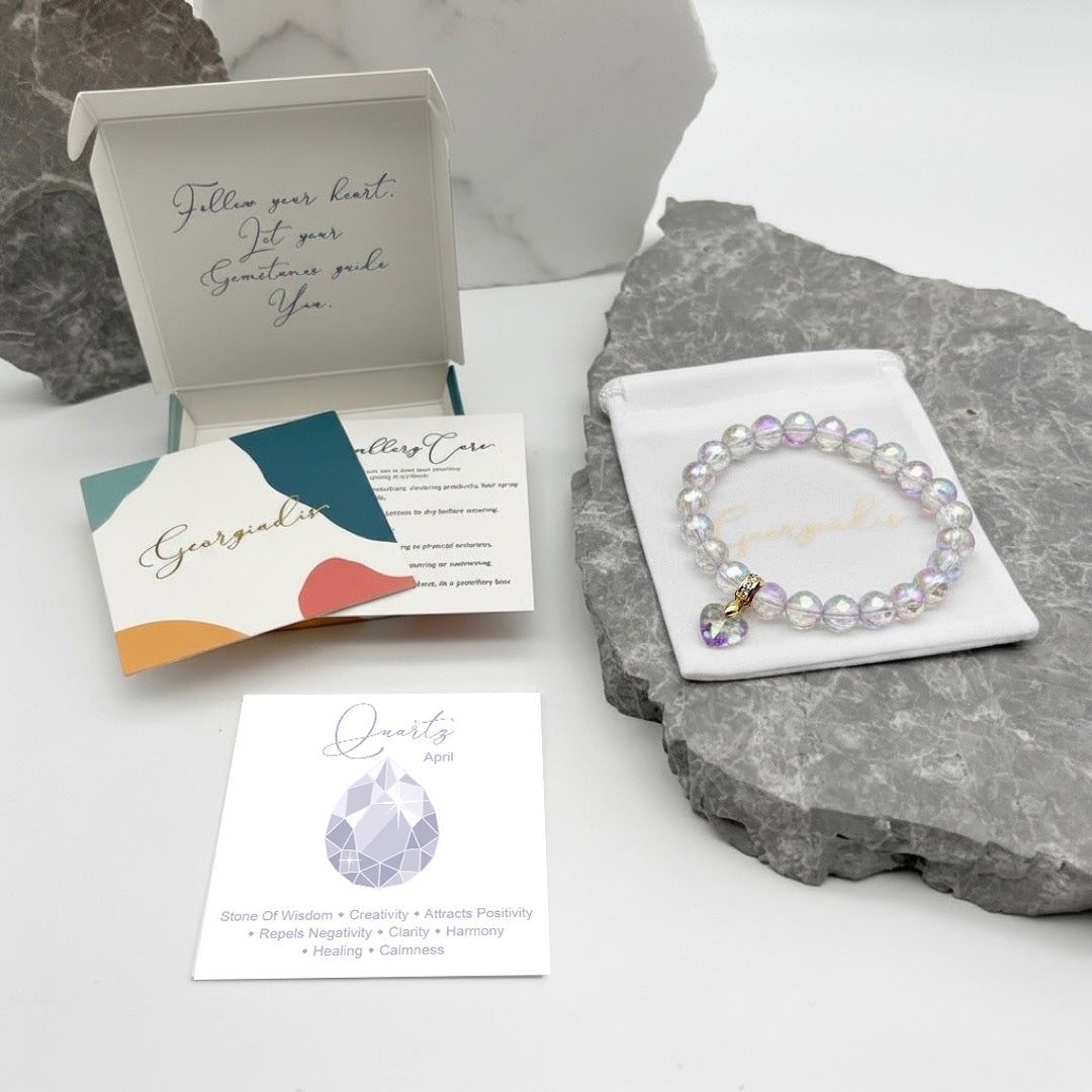 8mm Faceted Crystal Quartz AB Bracelet for Women with Austrian Crystal Heart Charm, 18K Gold Plated, Healing Stone for Clarity & Energy, April Birthstone, Gift, Bracelet for Women