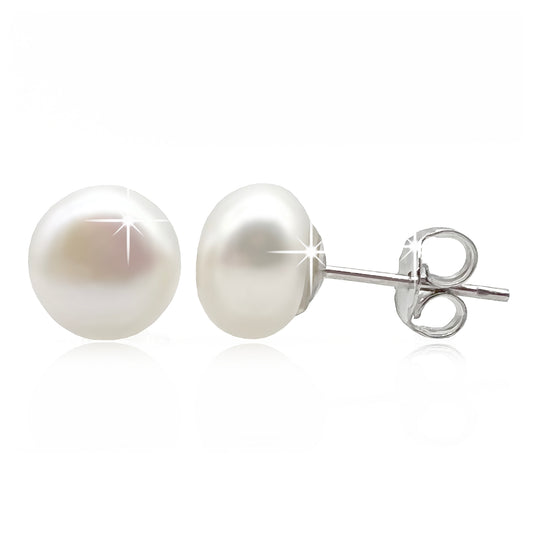Genuine Freshwater Pearl Stud Earrings, featuring Grade AAA, High Lustre White Button Pearls and 925 Sterling Silver, Wealth, Prosperity, Intuition.