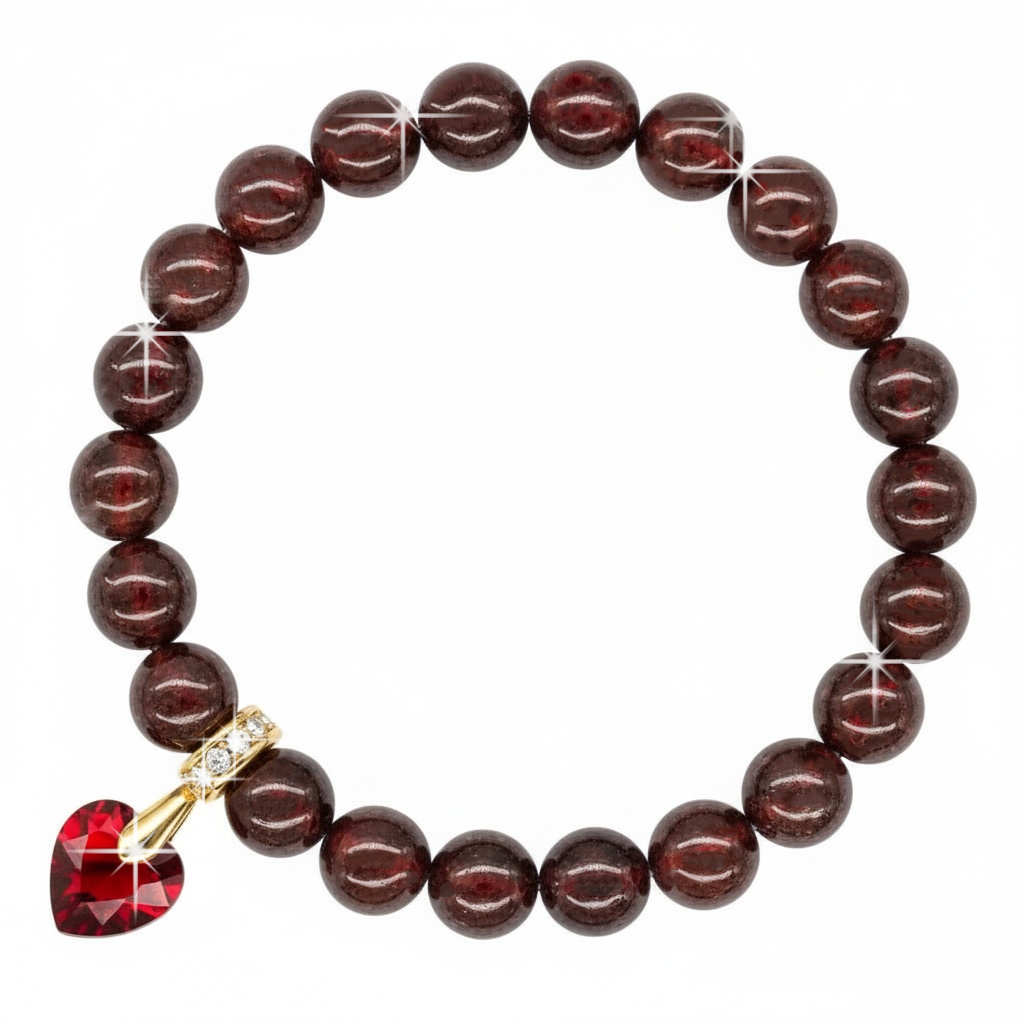 8mm Garnet Bracelet for Women with Austrian Crystal Heart Charm, 18K Gold Plated, Healing Stone for Love & Vitality, January Birthstone, Gift, Bracelet For Women