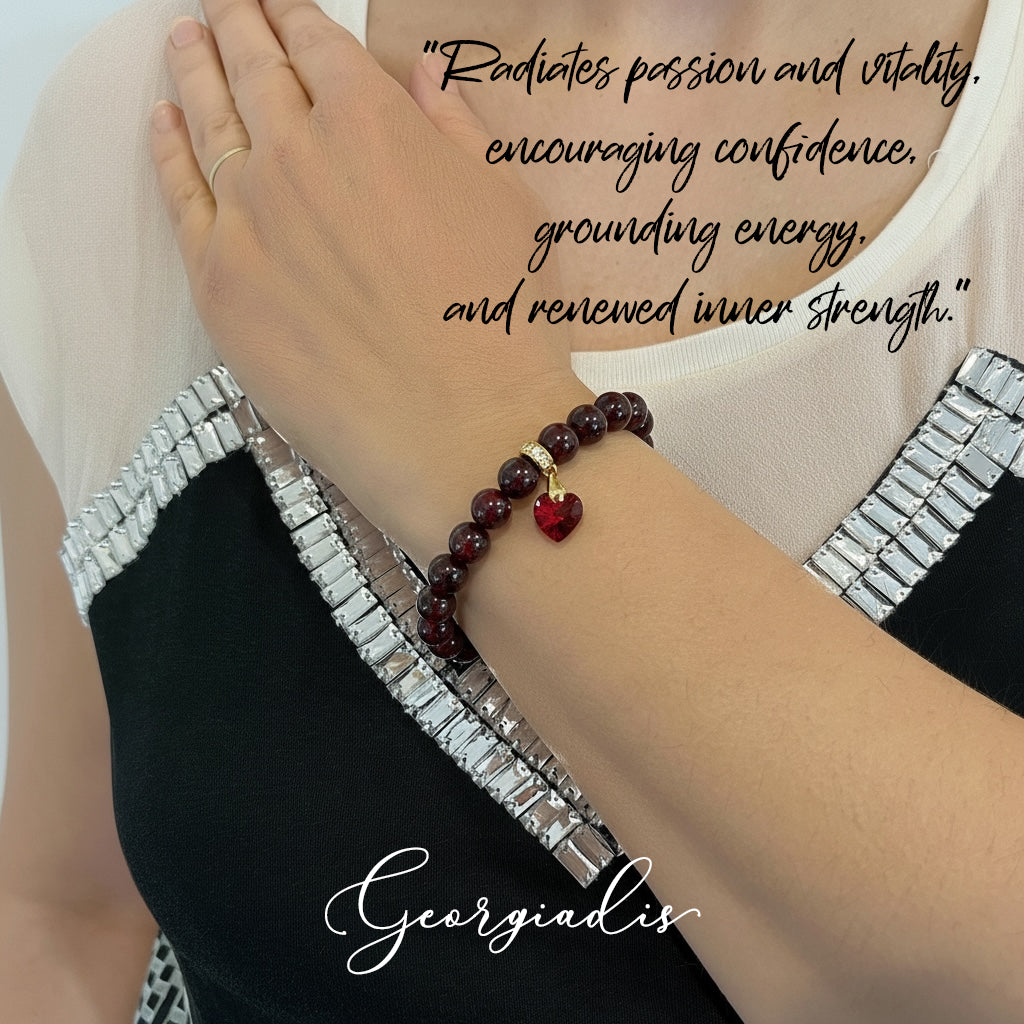 8mm Garnet Bracelet for Women with Austrian Crystal Heart Charm, 18K Gold Plated, Healing Stone for Love & Vitality, January Birthstone, Gift, Bracelet For Women
