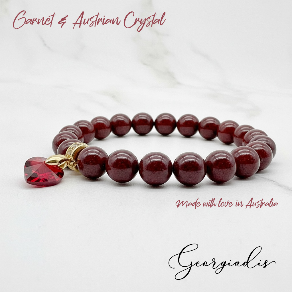 8mm Garnet Bracelet for Women with Austrian Crystal Heart Charm, 18K Gold Plated, Healing Stone for Love & Vitality, January Birthstone, Gift, Bracelet For Women