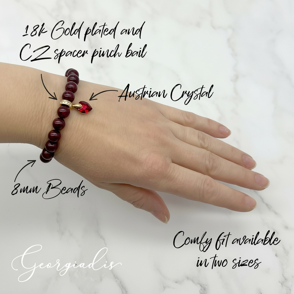 8mm Garnet Bracelet for Women with Austrian Crystal Heart Charm, 18K Gold Plated, Healing Stone for Love & Vitality, January Birthstone, Gift, Bracelet For Women