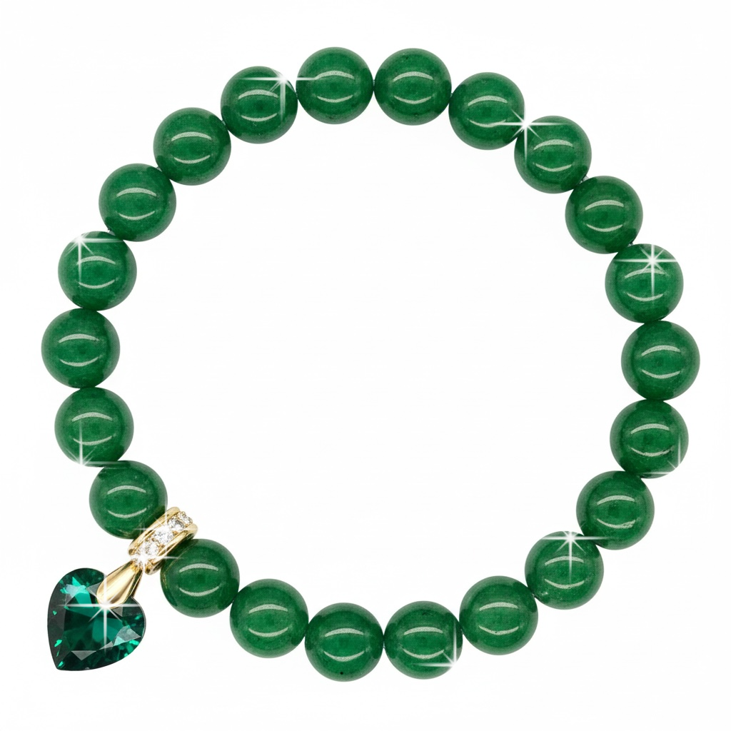 8mm Green Onyx Bracelet for Women with Austrian Crystal Heart Charm, 18K Gold Plated, Healing Stone for Strength & Balance, May Birthstone, Gift, Bracelet for Women