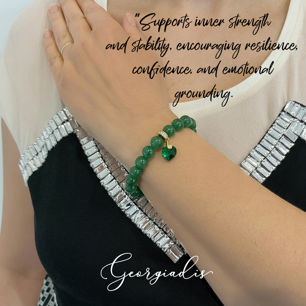 8mm Green Onyx Bracelet for Women with Austrian Crystal Heart Charm, 18K Gold Plated, Healing Stone for Strength & Balance, May Birthstone, Gift, Bracelet for Women