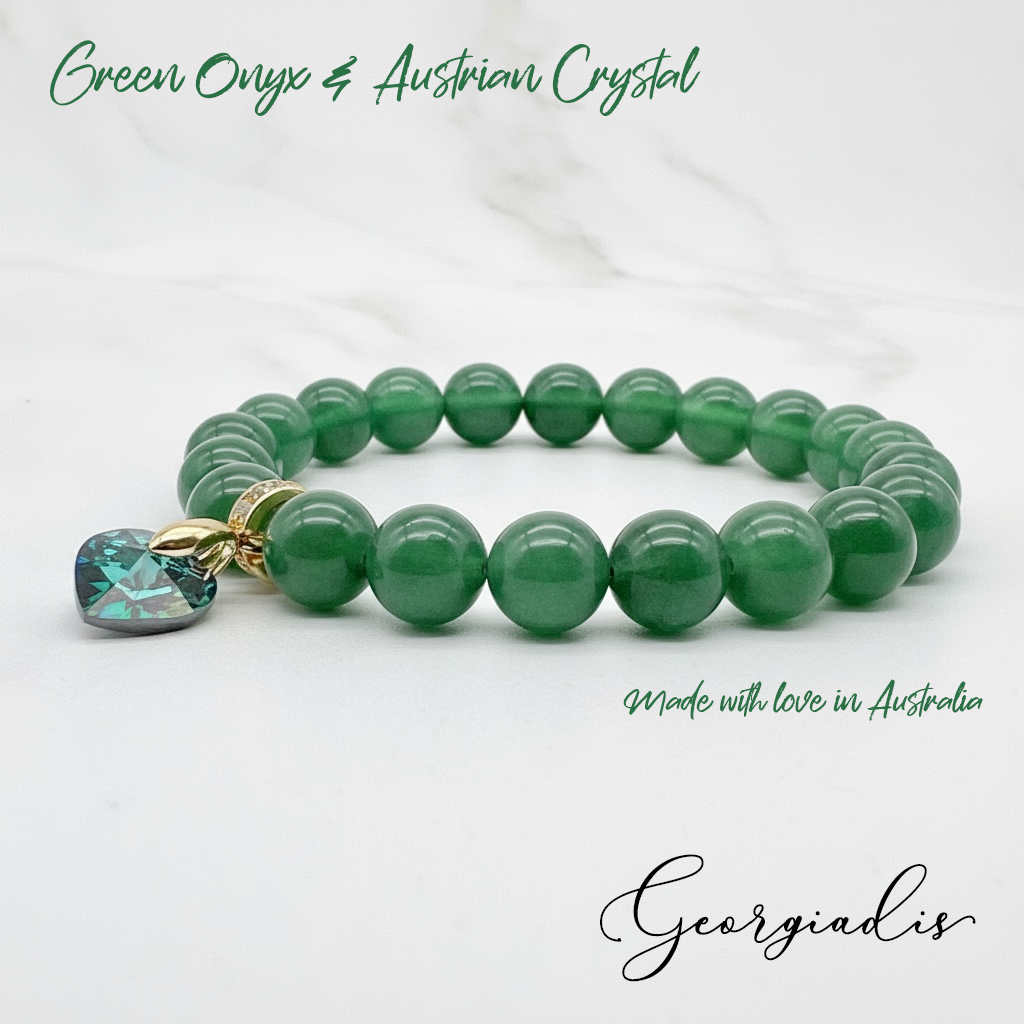 8mm Green Onyx Bracelet for Women with Austrian Crystal Heart Charm, 18K Gold Plated, Healing Stone for Strength & Balance, May Birthstone, Gift, Bracelet for Women