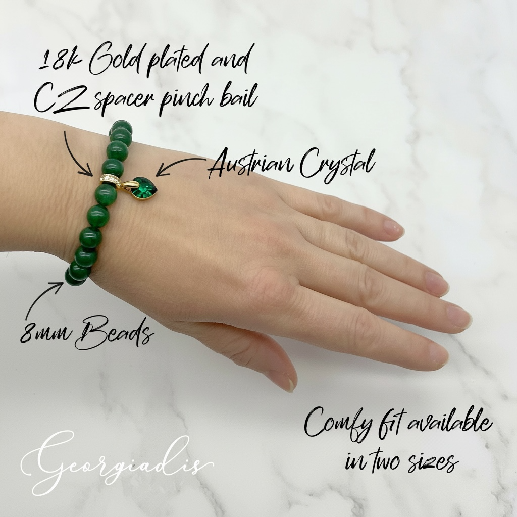 8mm Green Onyx Bracelet for Women with Austrian Crystal Heart Charm, 18K Gold Plated, Healing Stone for Strength & Balance, May Birthstone, Gift, Bracelet for Women