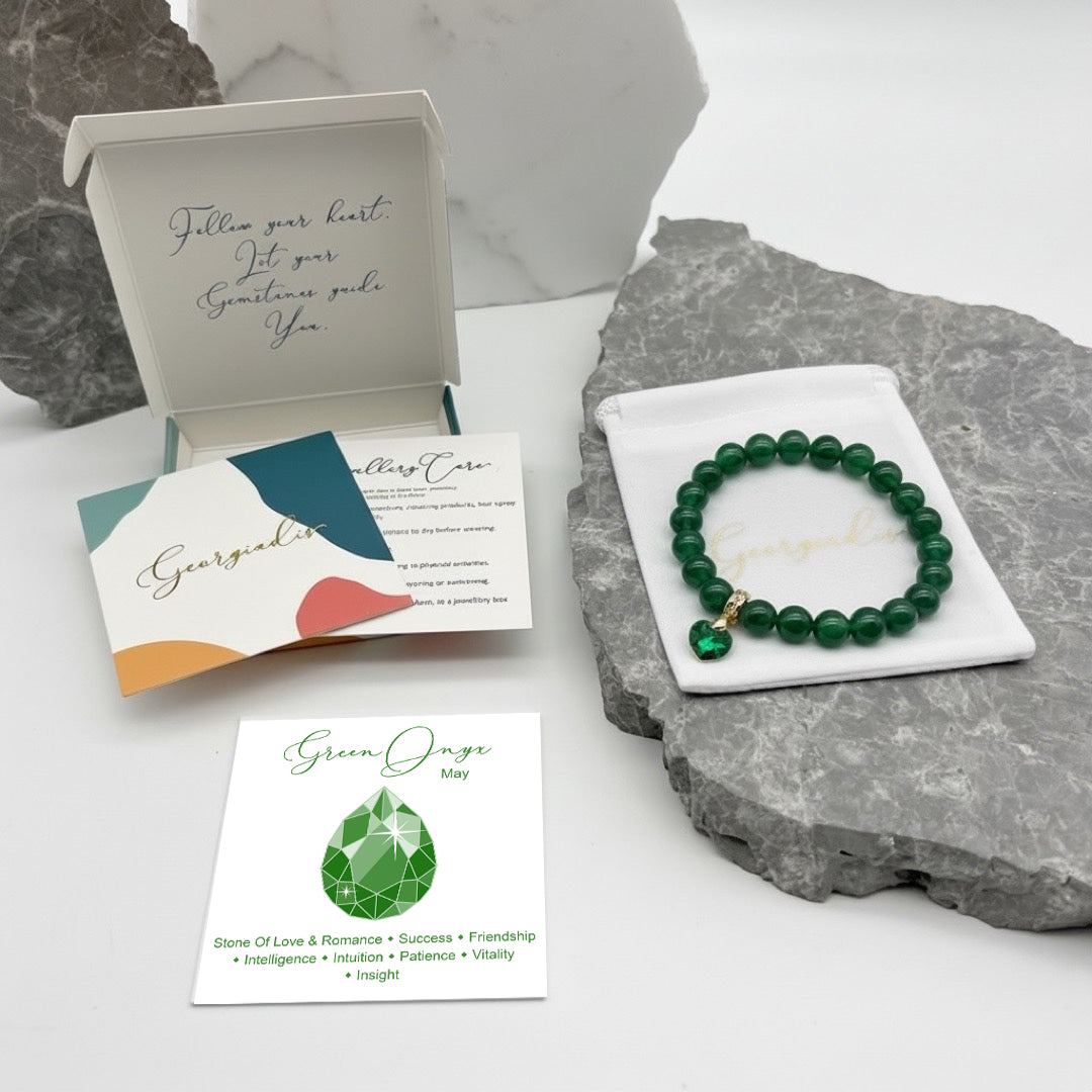 8mm Green Onyx Bracelet for Women with Austrian Crystal Heart Charm, 18K Gold Plated, Healing Stone for Strength & Balance, May Birthstone, Gift, Bracelet for Women