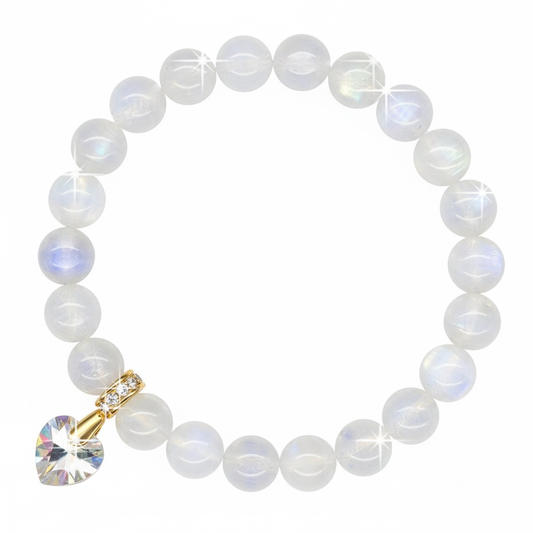 8mm Moonstone Gemstone Bracelet for Women with Austrian Crystal Heart Charm, 18K Gold Plated, Healing Stone for Calm, Intuition & New Beginnings, June Birthstone, Gift, Bracelets For Her