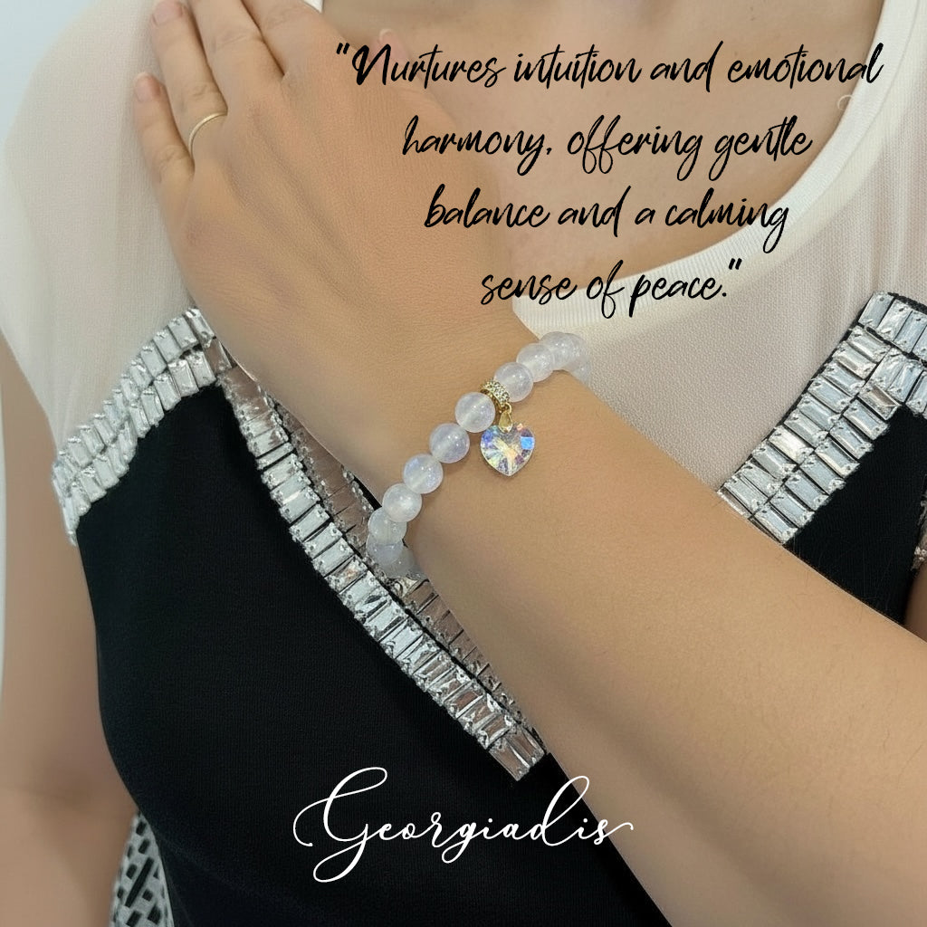 8mm Moonstone Gemstone Bracelet for Women with Austrian Crystal Heart Charm, 18K Gold Plated, Healing Stone for Calm, Intuition & New Beginnings, June Birthstone, Gift, Bracelets For Her