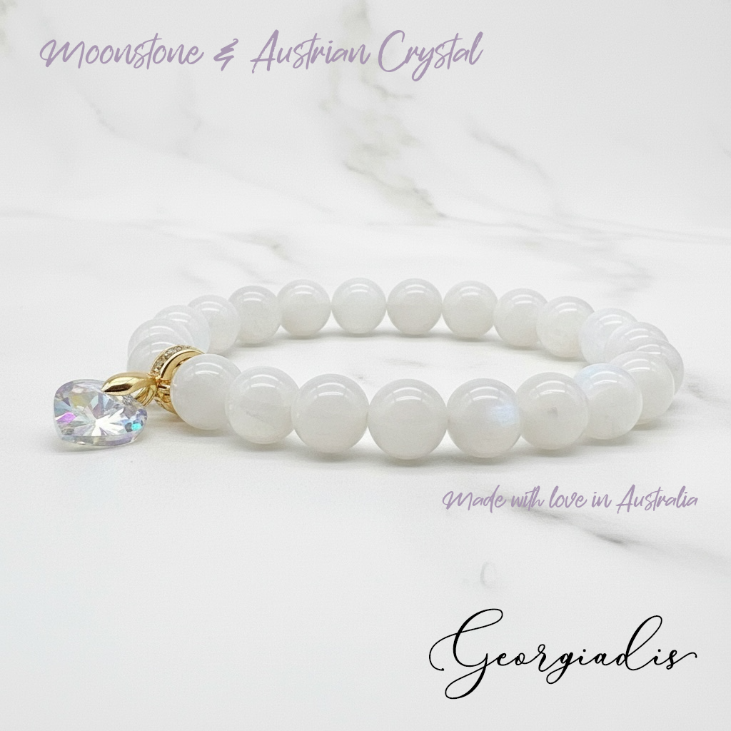 8mm Moonstone Gemstone Bracelet for Women with Austrian Crystal Heart Charm, 18K Gold Plated, Healing Stone for Calm, Intuition & New Beginnings, June Birthstone, Gift, Bracelets For Her