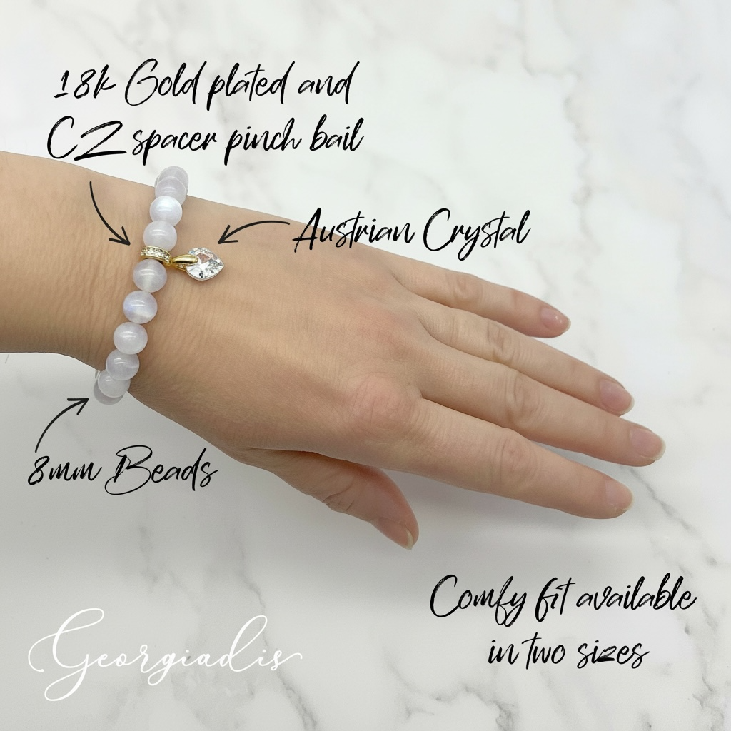 8mm Moonstone Gemstone Bracelet for Women with Austrian Crystal Heart Charm, 18K Gold Plated, Healing Stone for Calm, Intuition & New Beginnings, June Birthstone, Gift, Bracelets For Her