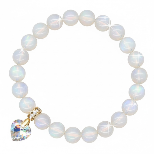 8mm Opalite Bracelet for Women with Austrian Crystal Heart Charm, 18K Gold Plated, Healing Stone for Calm, Balance & Intuition, October Birthstone, Gift, Bracelet For Her