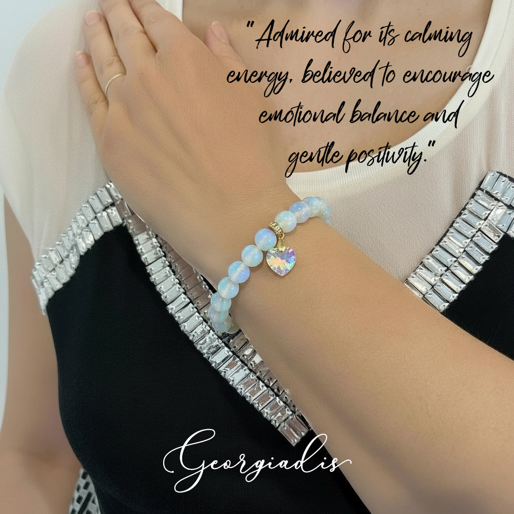 8mm Opalite Bracelet for Women with Austrian Crystal Heart Charm, 18K Gold Plated, Healing Stone for Calm, Balance & Intuition, October Birthstone, Gift, Bracelet For Her